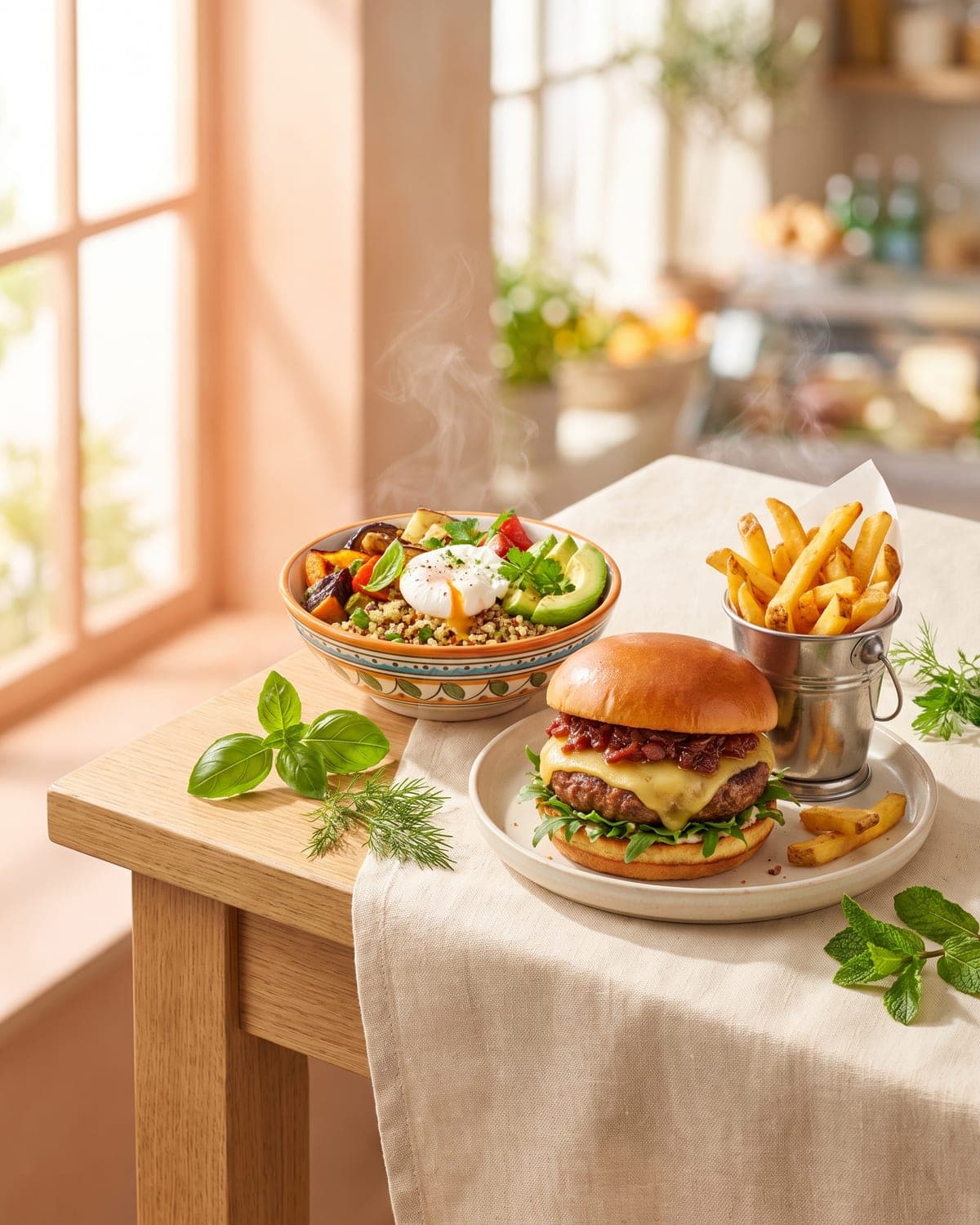 A restaurant interior set for service